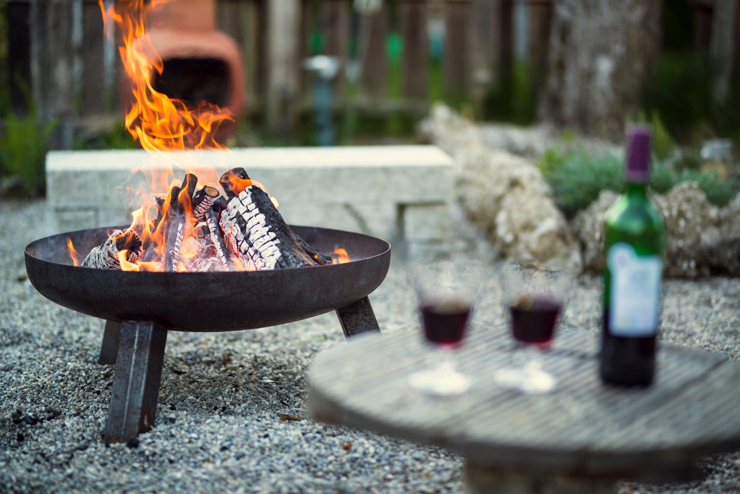 fire pit with wine